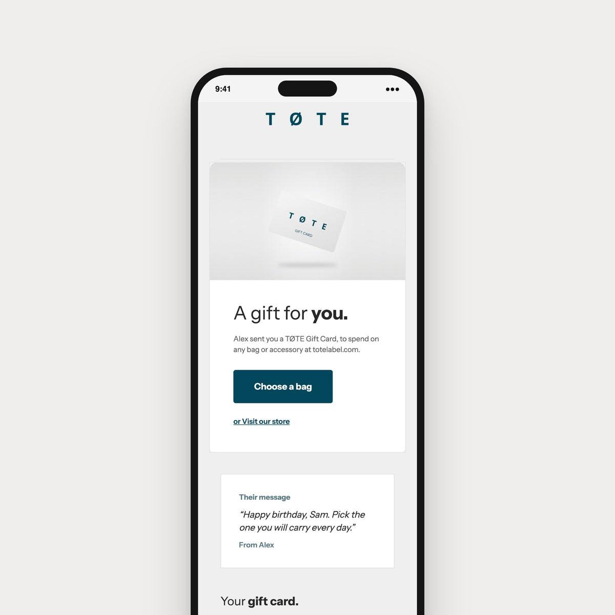 The TØTE Gift Card email on a phone: A gift for you, with a personal message
