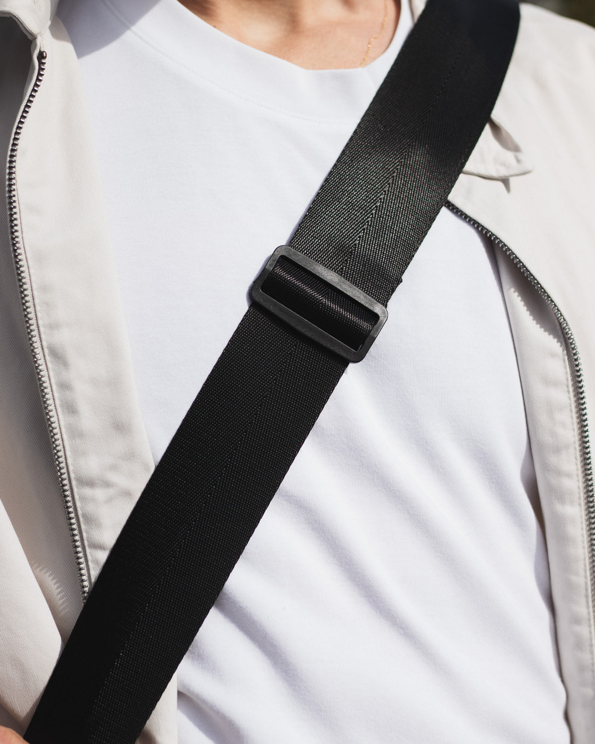 The Zipper Bag's crossbody strap and its slider, worn across the body